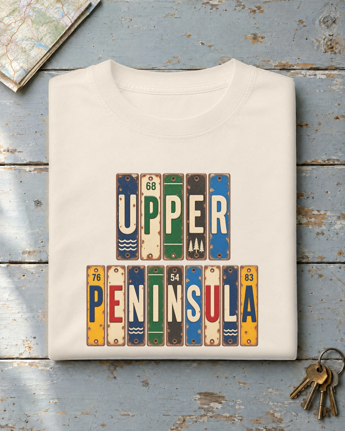 Upper Peninsula, Michigan vintage license plate t-shirt in Ivory