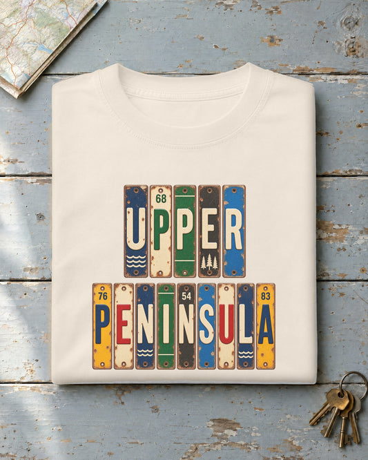 Upper Peninsula, Michigan vintage license plate t-shirt in Ivory