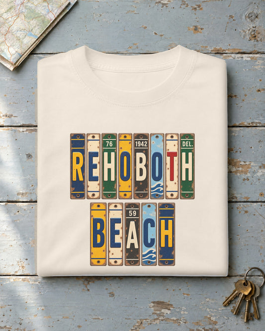 Rehoboth Beach, Delaware vintage license plate t-shirt in Ivory
