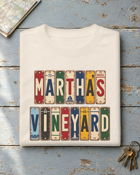 Martha's Vineyard, Massachusetts vintage license plate t-shirt in Ivory