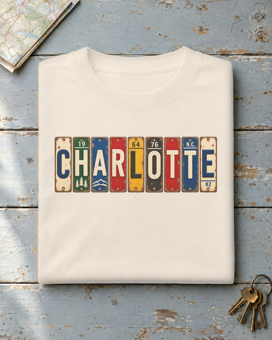 Charlotte, North Carolina vintage license plate t-shirt in Ivory
