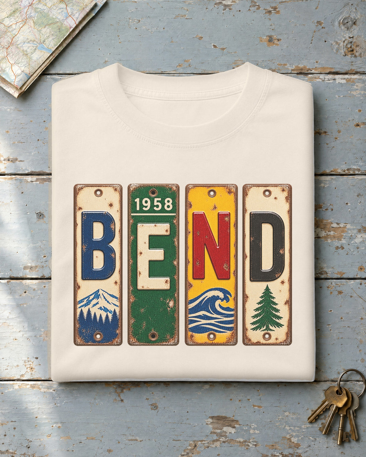 Bend, Oregon vintage license plate t-shirt in Ivory