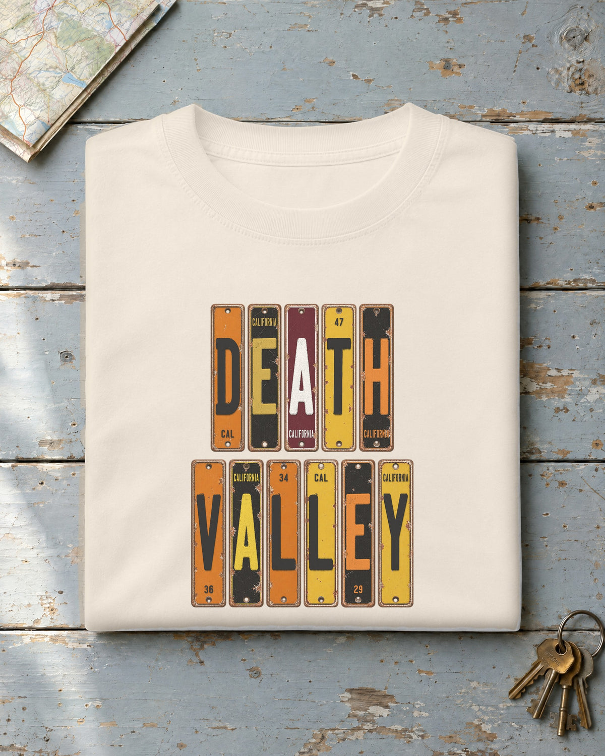 Death Valley, California vintage license plate t-shirt in Ivory
