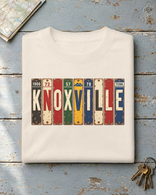 Knoxville, Tennessee vintage license plate t-shirt in Ivory