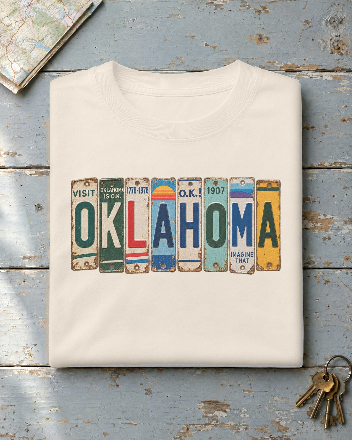 Oklahoma vintage license plate t-shirt in Ivory