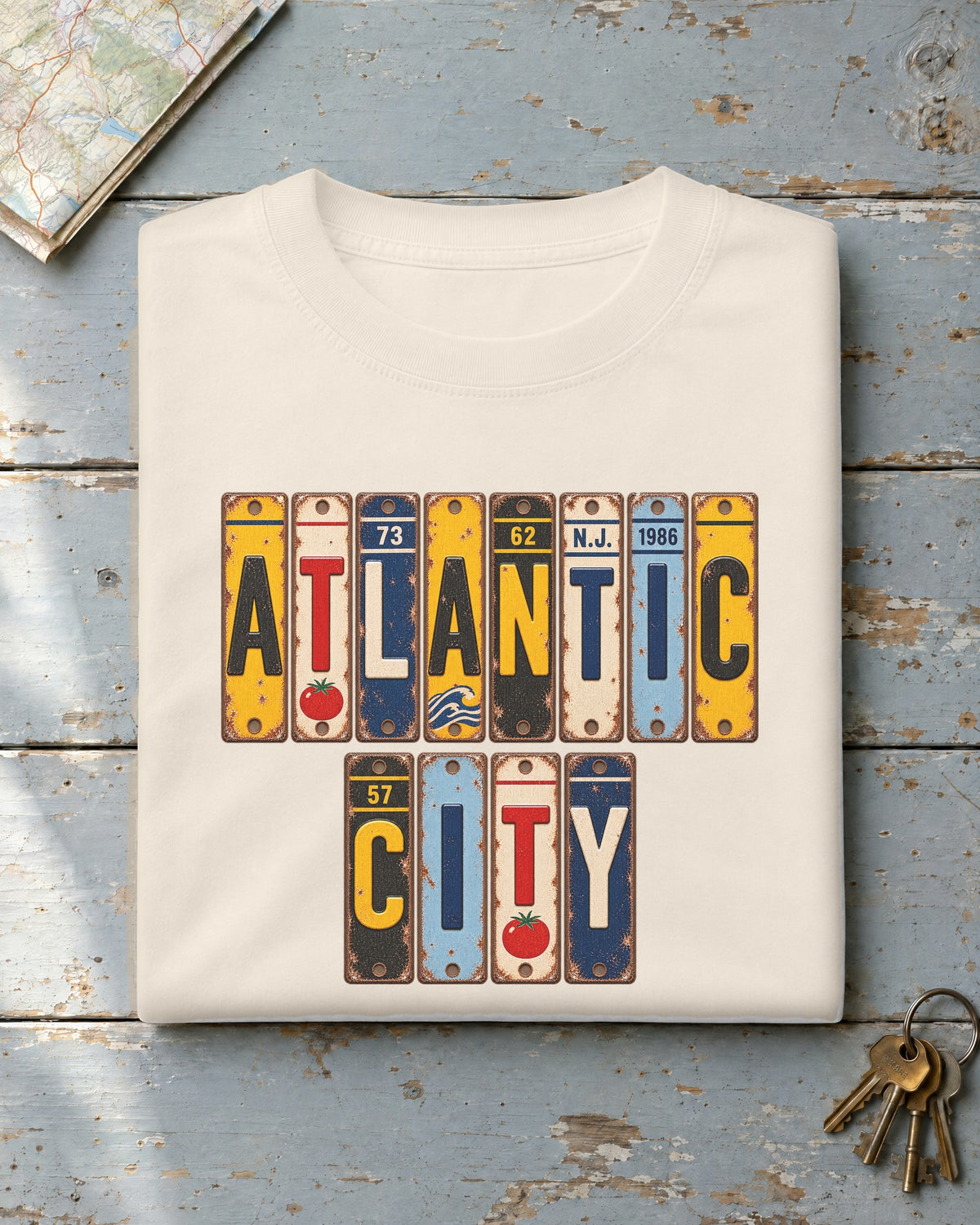 Atlantic City, New Jersey vintage license plate t-shirt in Ivory