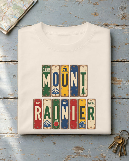 Mount Rainier, Washington vintage license plate t-shirt in Ivory