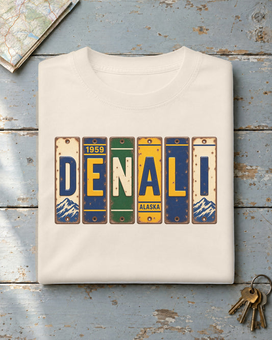 Denali, Alaska vintage license plate t-shirt in Ivory