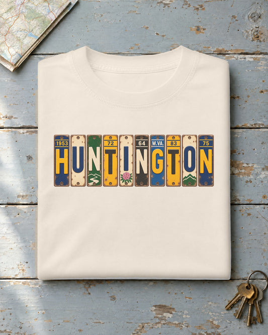 Huntington, West Virginia vintage license plate t-shirt in Ivory