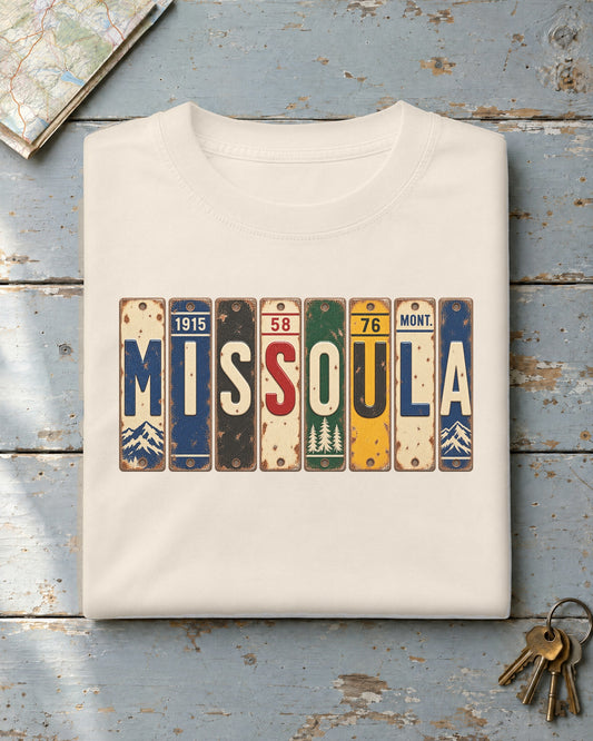 Missoula, Montana vintage license plate t-shirt in Ivory