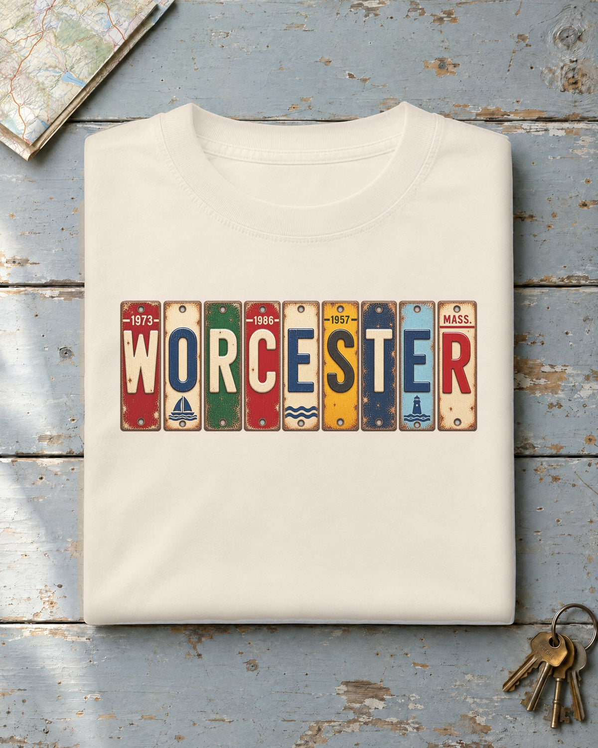 Worcester, Massachusetts vintage license plate t-shirt in Ivory