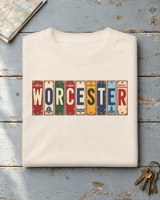 Worcester, Massachusetts vintage license plate t-shirt in Ivory