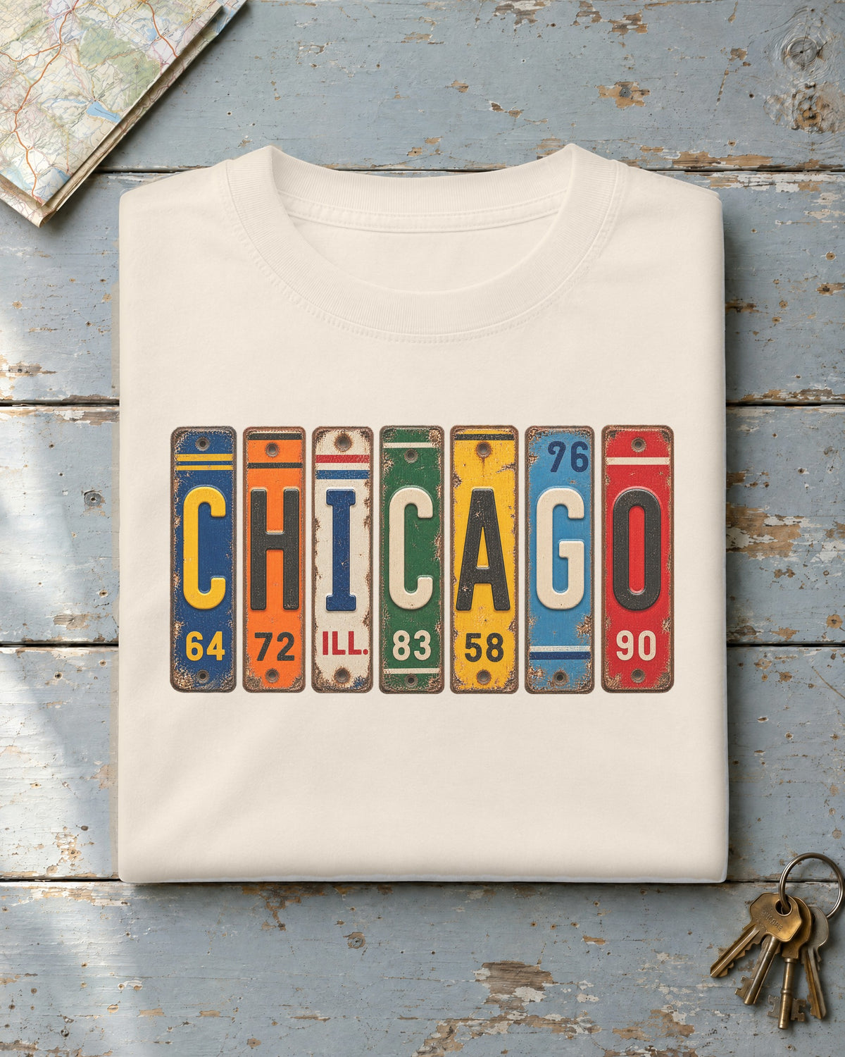 Chicago, Illinois vintage license plate t-shirt in Ivory