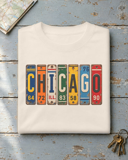 Chicago, Illinois vintage license plate t-shirt in Ivory