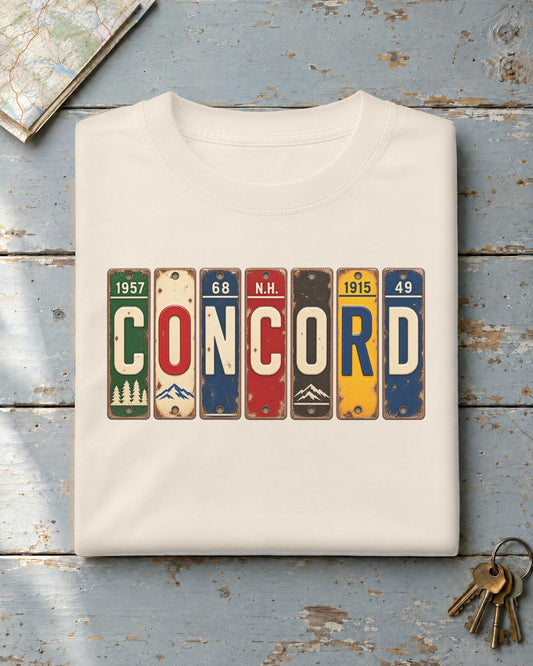 Concord, New Hampshire vintage license plate t-shirt in Ivory
