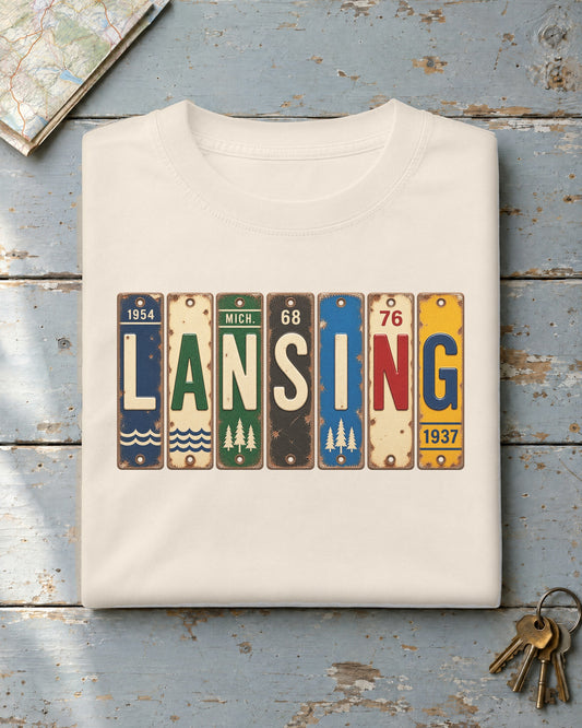 Lansing, Michigan vintage license plate t-shirt in Ivory