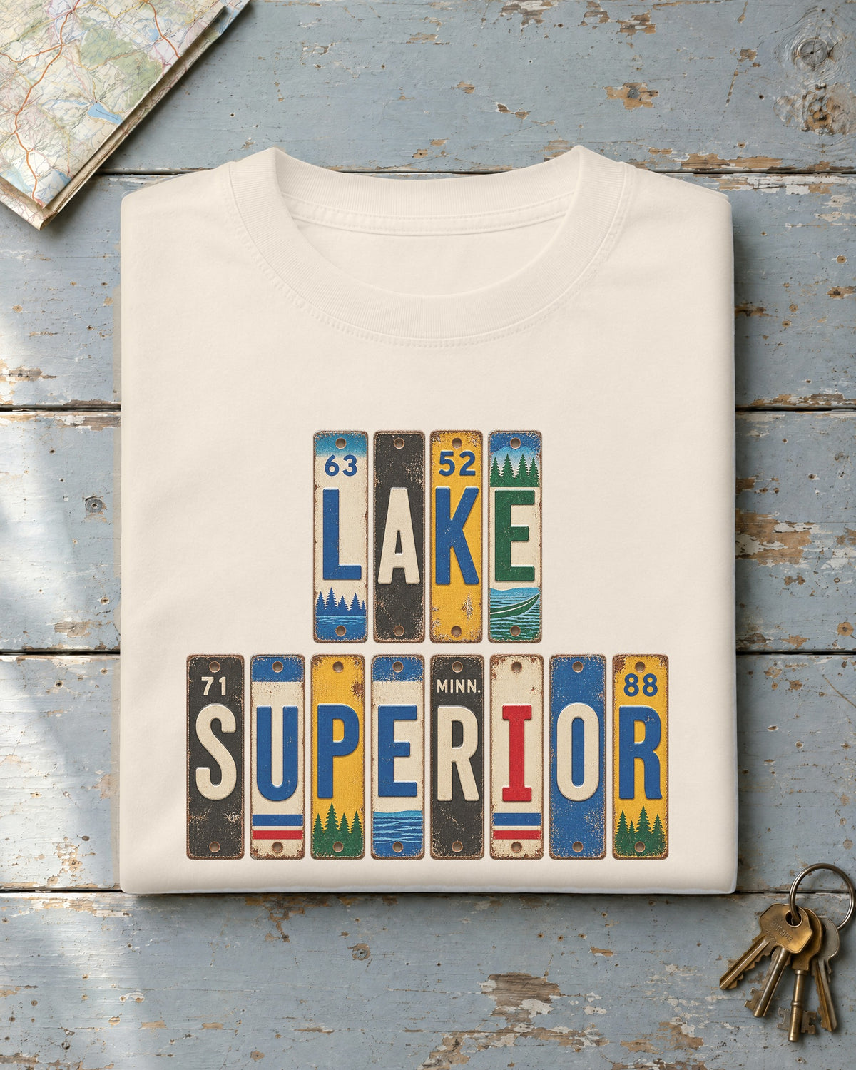 Lake Superior, Minnesota vintage license plate t-shirt in Ivory