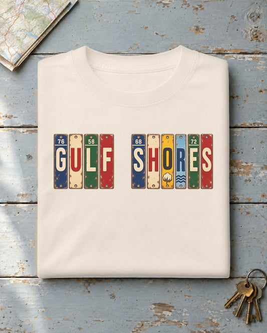 Gulf Shores, Alabama vintage license plate t-shirt in Ivory