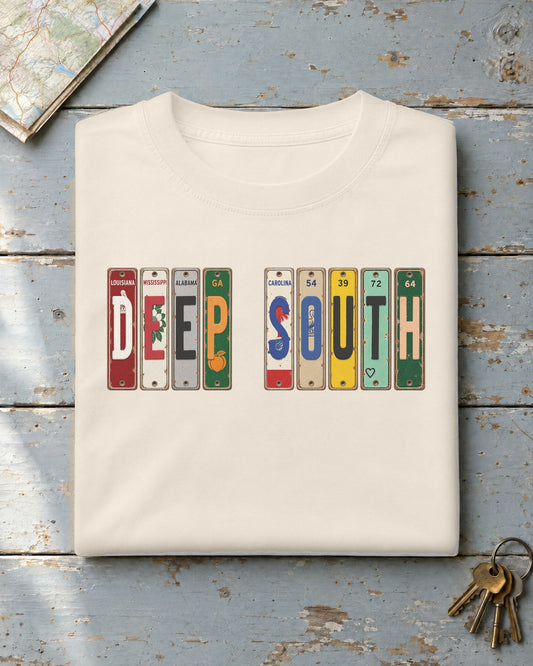 Deep South vintage license plate t-shirt in Ivory