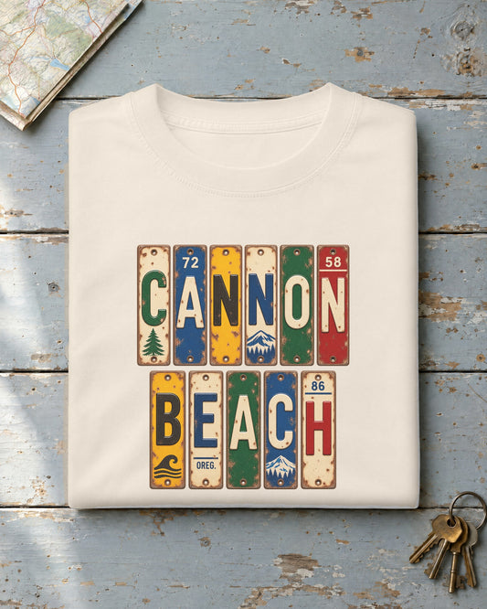 Cannon Beach, Oregon vintage license plate t-shirt in Ivory
