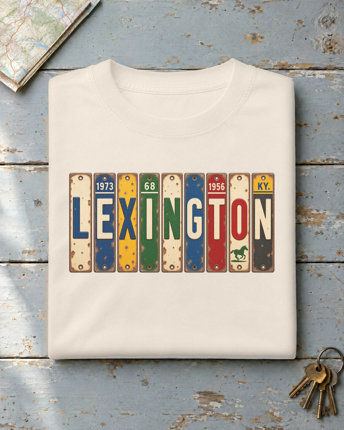Lexington, Kentucky vintage license plate t-shirt in Ivory