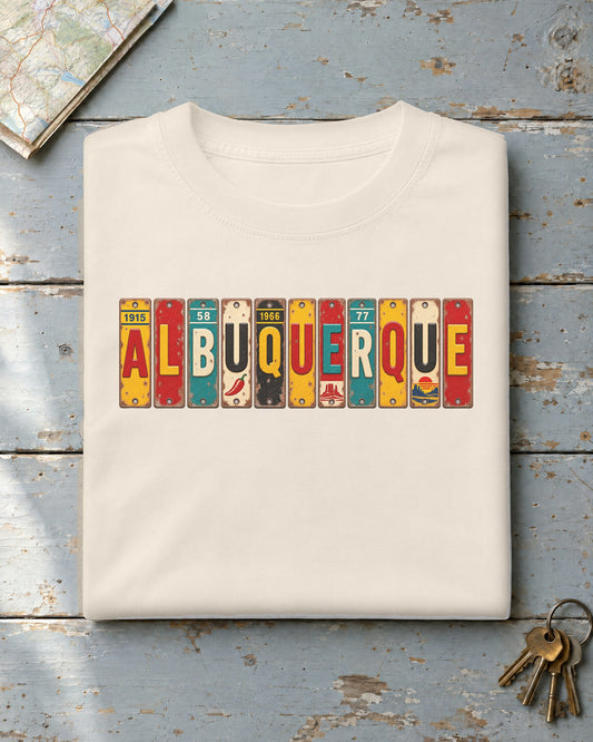 Albuquerque, New Mexico vintage license plate t-shirt in Ivory