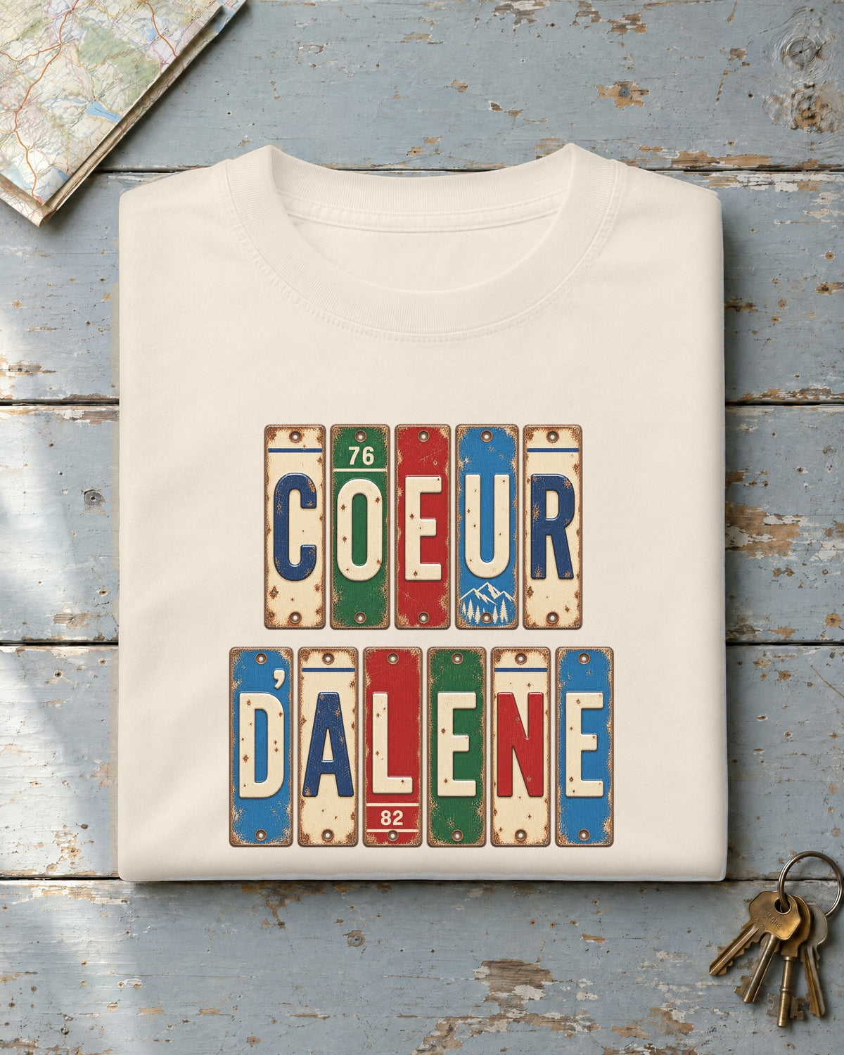Coeur d'Alene, Idaho vintage license plate t-shirt in Ivory