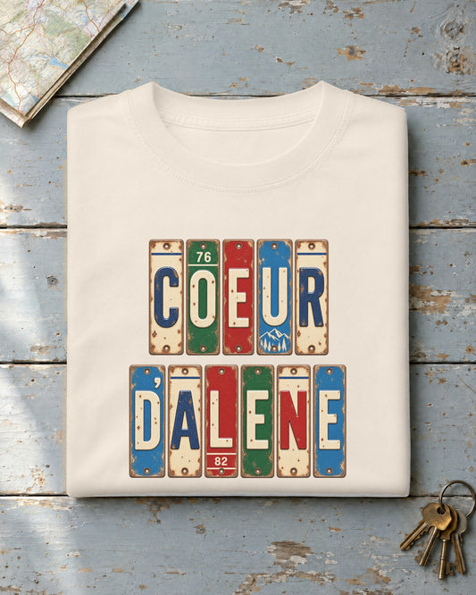 Coeur d'Alene, Idaho vintage license plate t-shirt in Ivory
