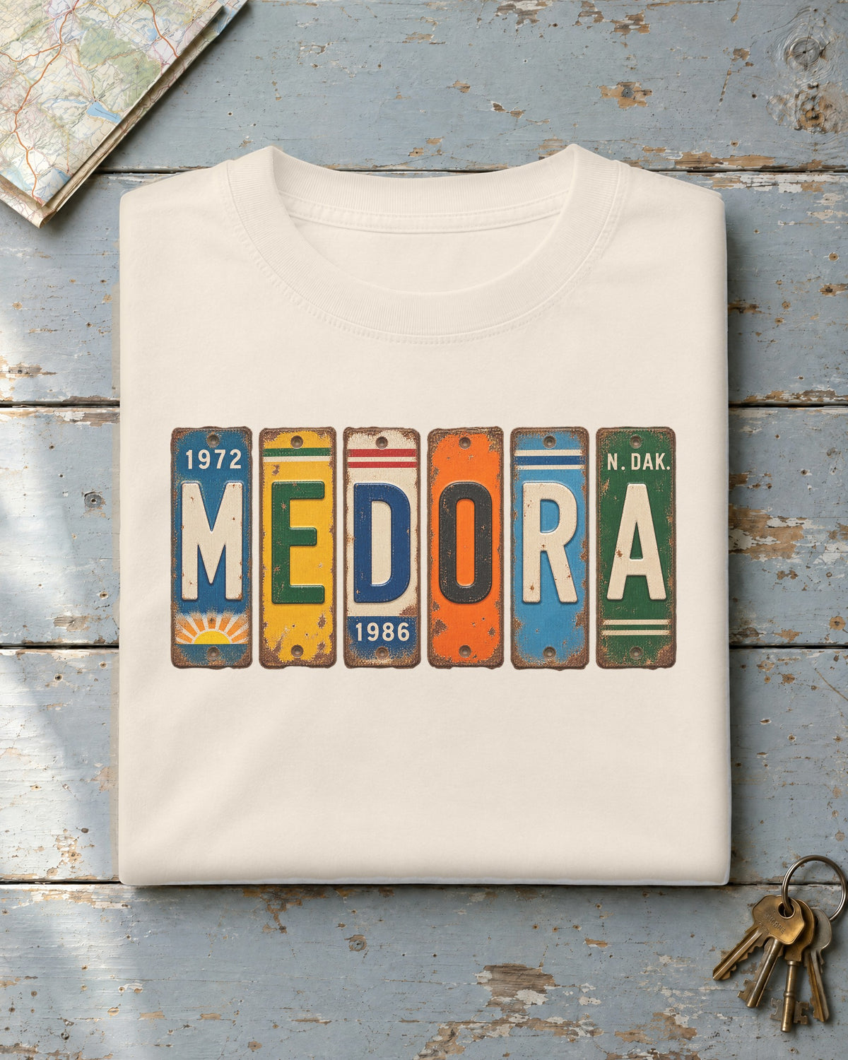 Medora, North Dakota vintage license plate t-shirt in Ivory
