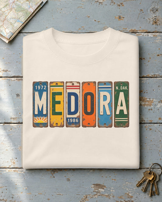 Medora, North Dakota vintage license plate t-shirt in Ivory