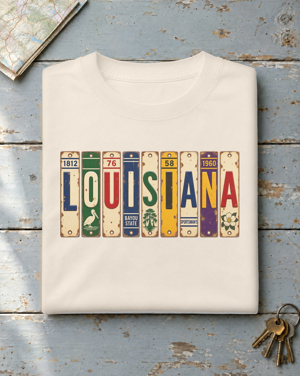 Louisiana vintage license plate t-shirt in Ivory