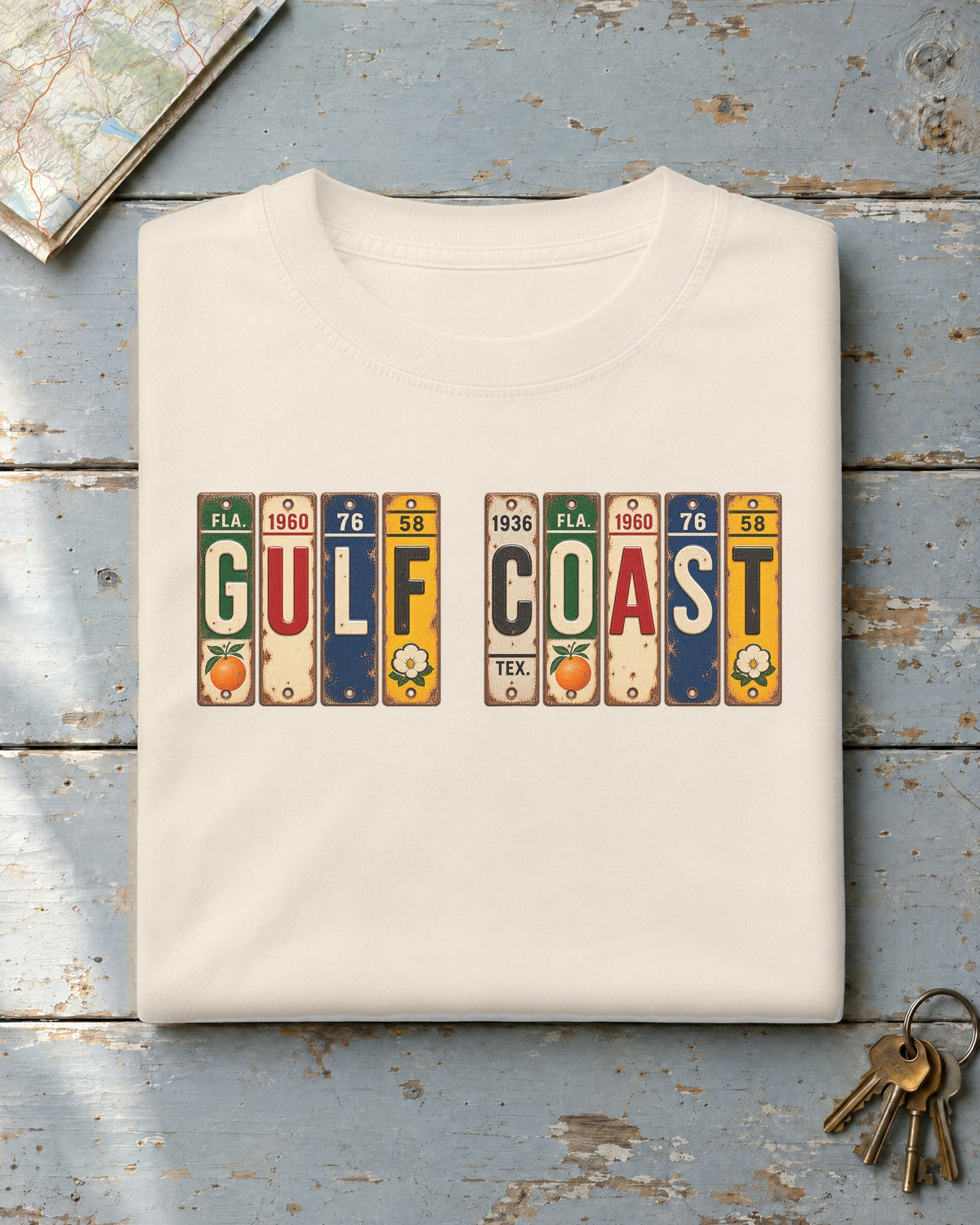 Gulf Coast vintage license plate t-shirt in Ivory