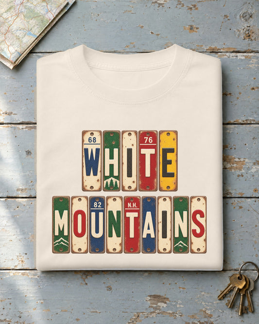 White Mountains, New Hampshire vintage license plate t-shirt in Ivory