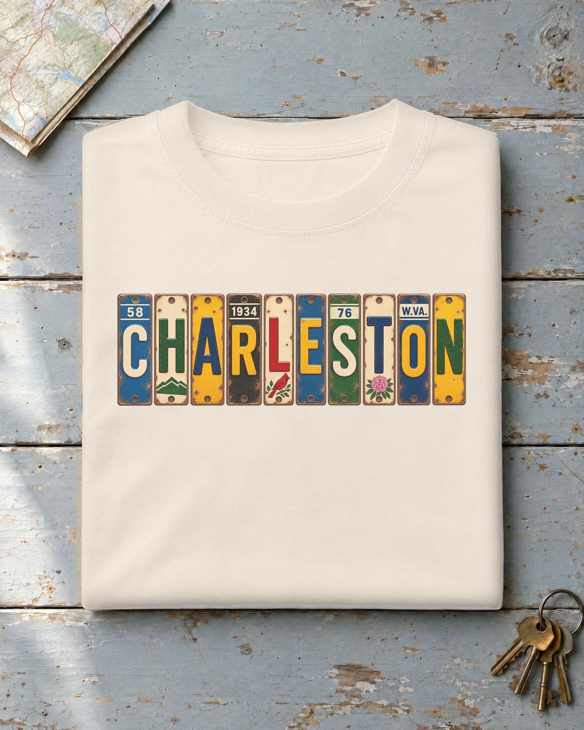 Charleston, West Virginia vintage license plate t-shirt in Ivory