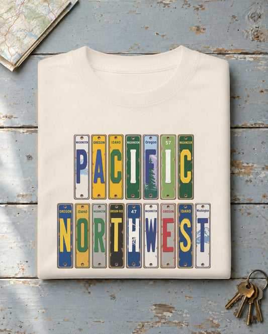 Pacific Northwest vintage license plate t-shirt in Ivory