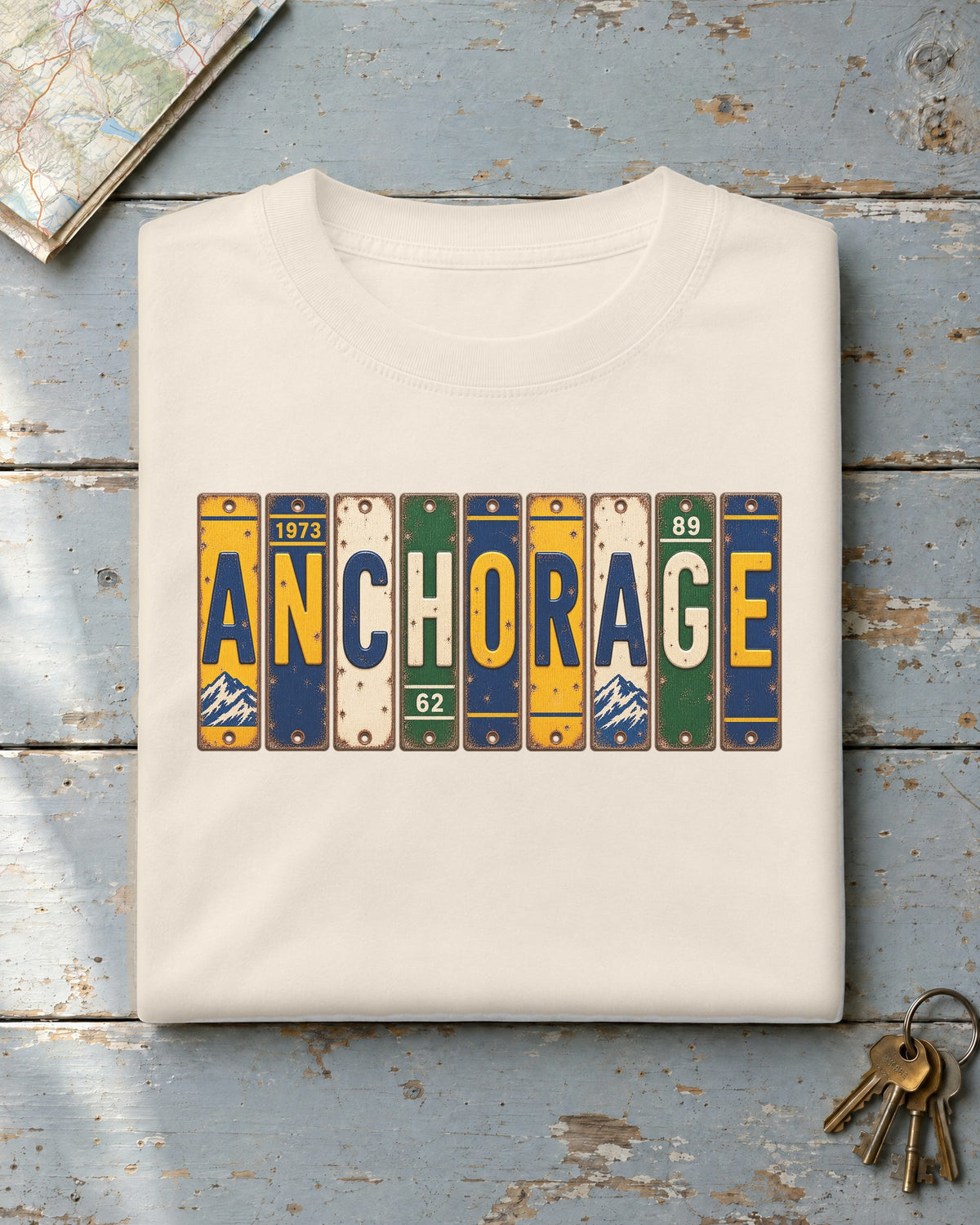 Anchorage, Alaska vintage license plate t-shirt in Ivory