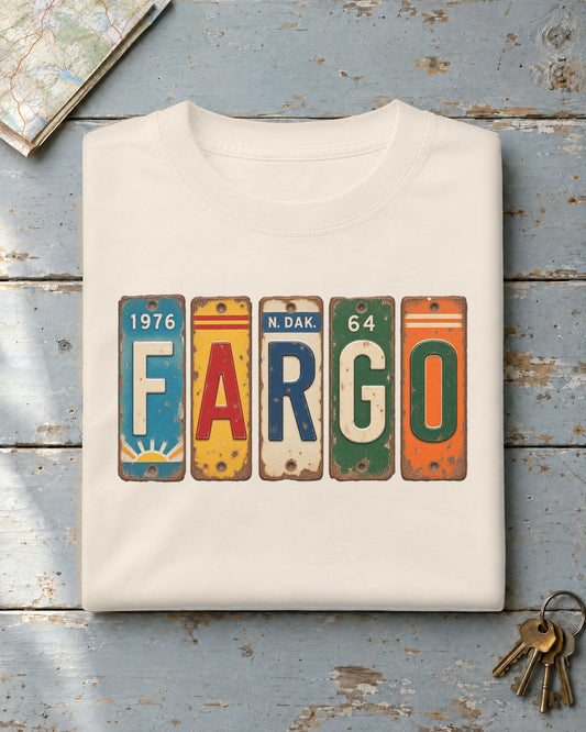 Fargo, North Dakota vintage license plate t-shirt in Ivory