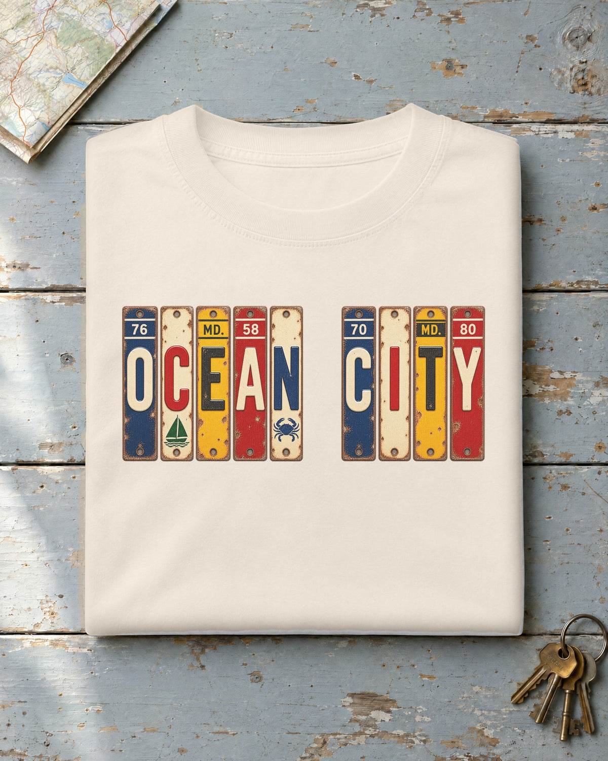 Ocean City, Maryland vintage license plate t-shirt in Ivory