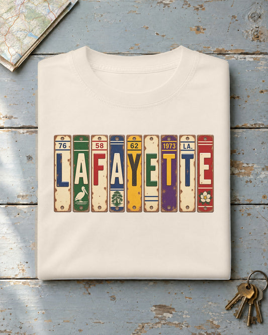 Lafayette, Louisiana vintage license plate t-shirt in Ivory