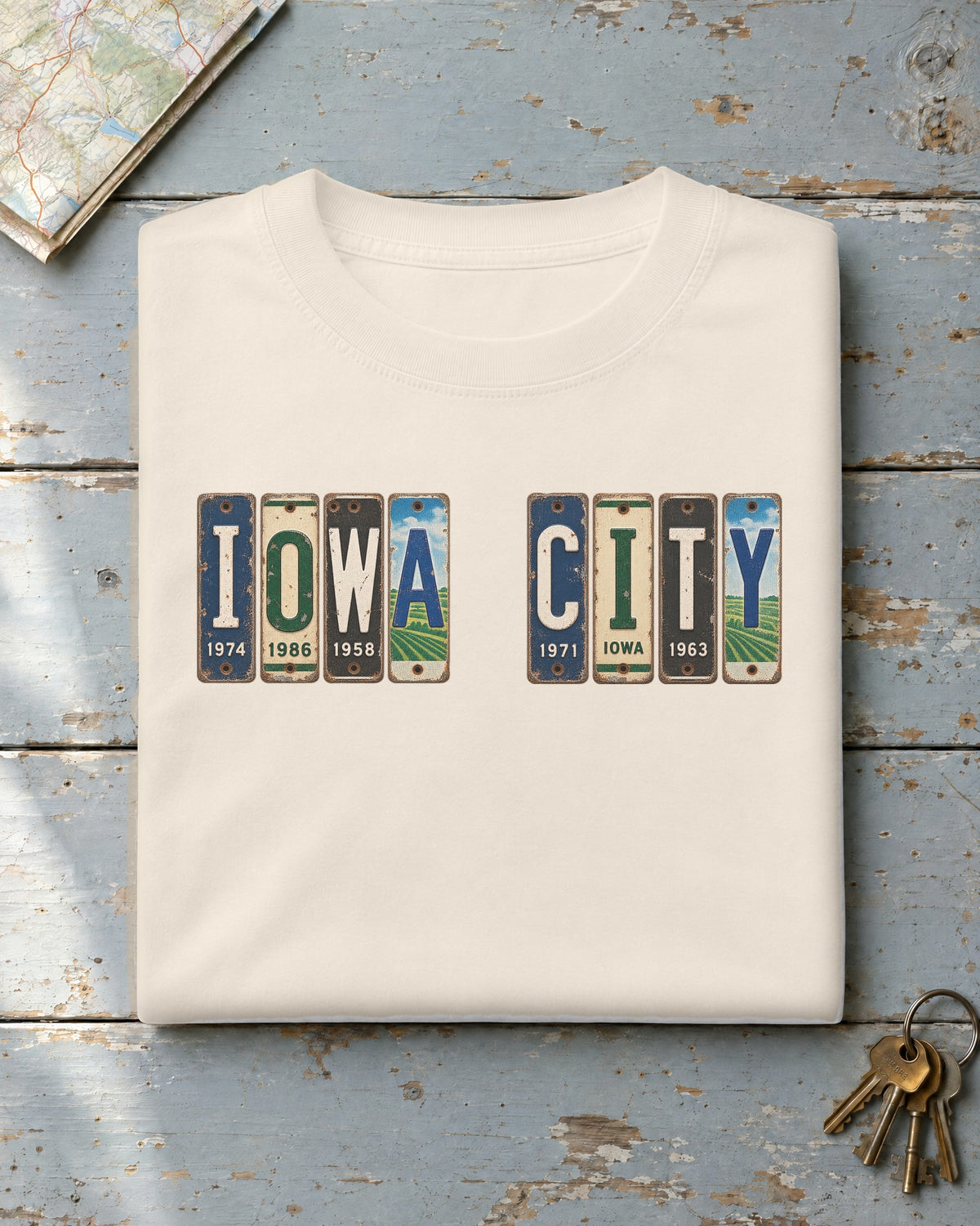 Iowa City, Iowa vintage license plate t-shirt in Ivory