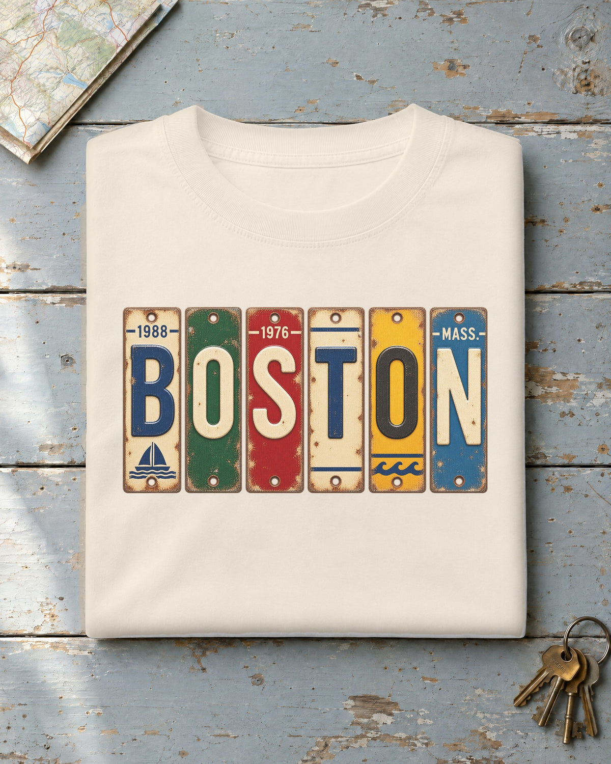 Boston, Massachusetts vintage license plate t-shirt in Ivory