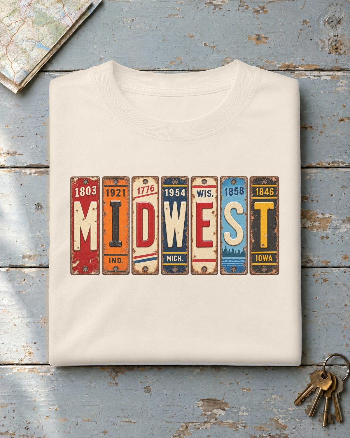 Midwest vintage license plate t-shirt in Ivory
