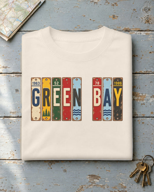 Green Bay, Wisconsin vintage license plate t-shirt in Ivory