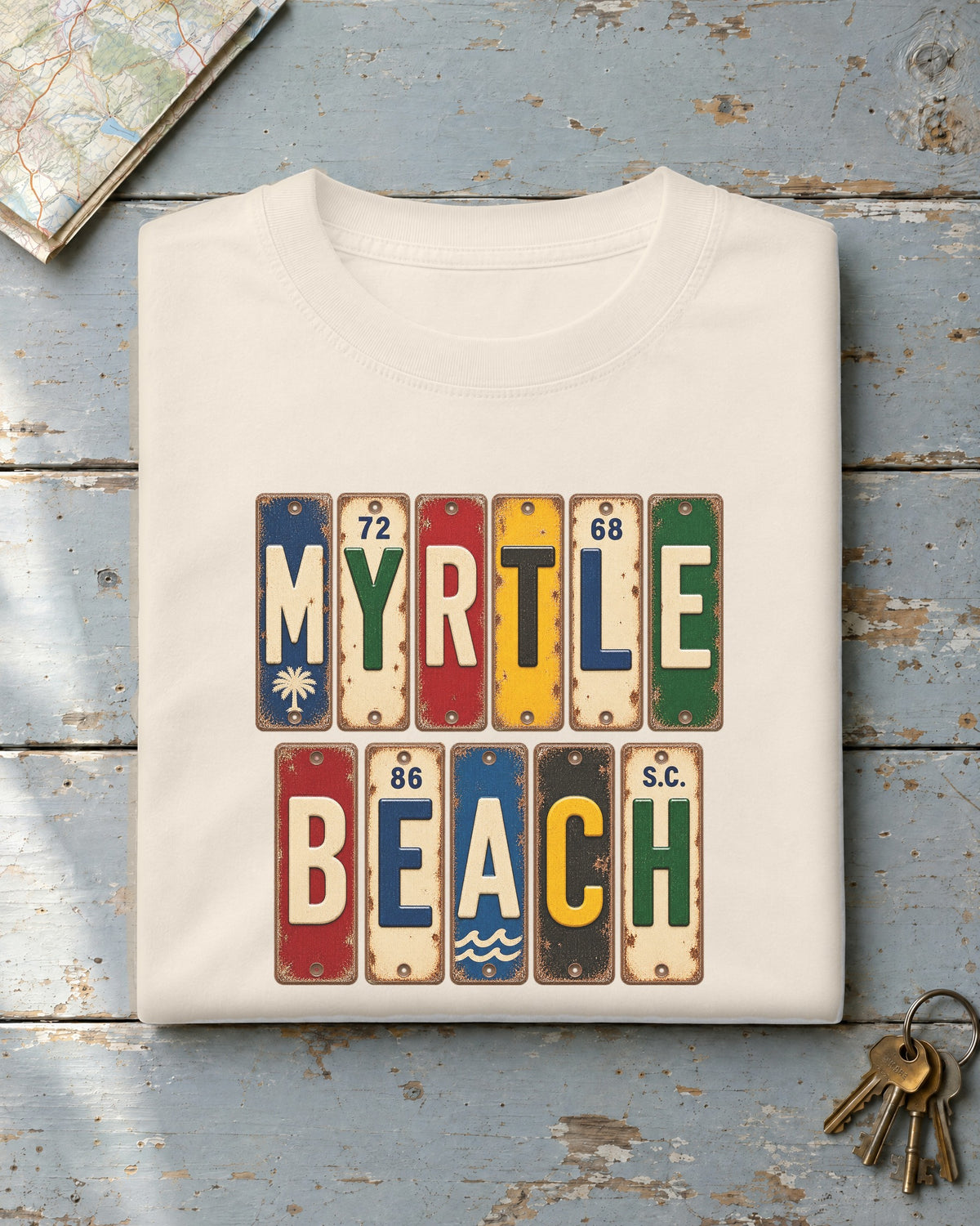 Myrtle Beach, South Carolina vintage license plate t-shirt in Ivory