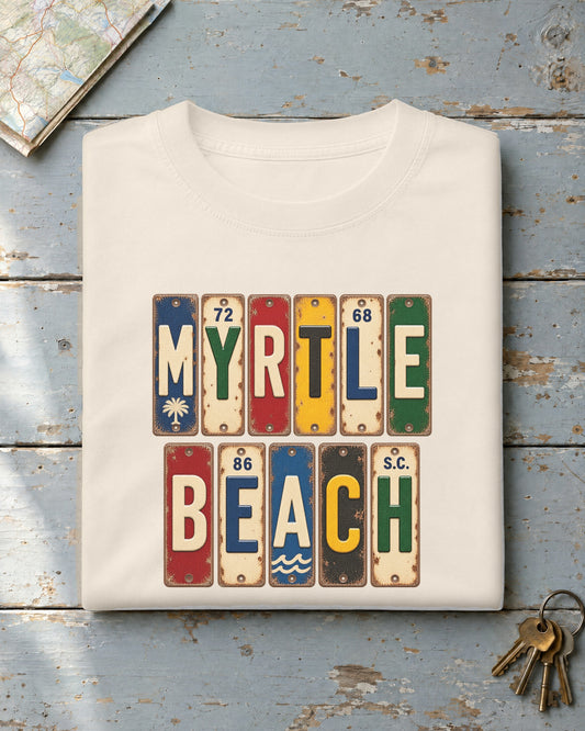 Myrtle Beach, South Carolina vintage license plate t-shirt in Ivory