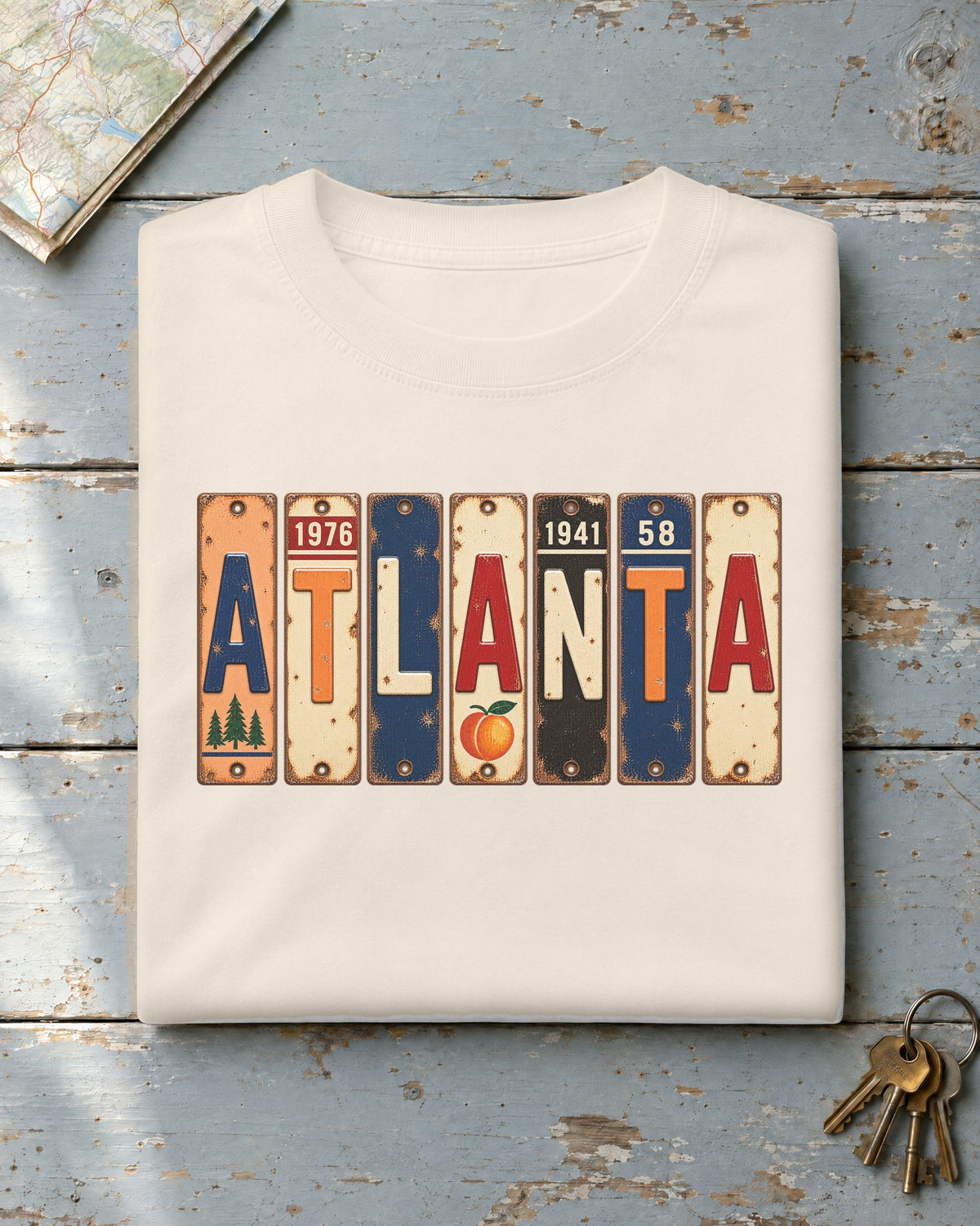 Atlanta, Georgia vintage license plate t-shirt in Ivory
