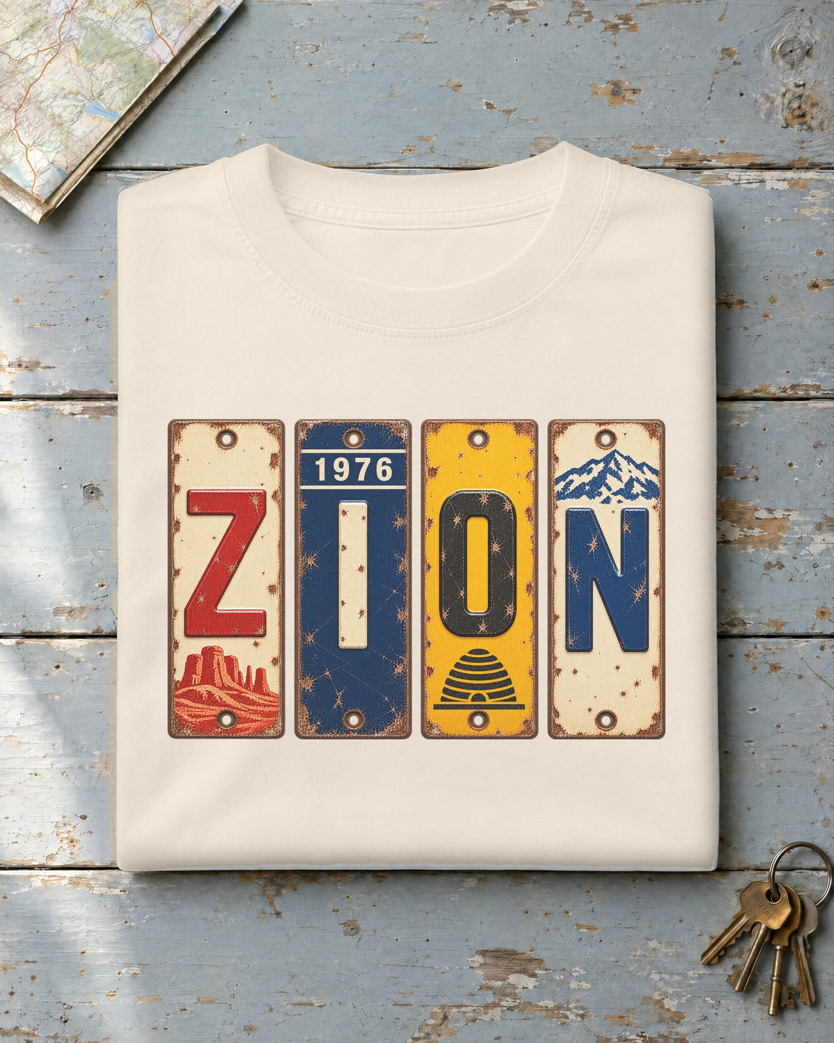 Zion, Utah vintage license plate t-shirt in Ivory