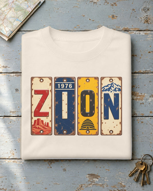 Zion, Utah vintage license plate t-shirt in Ivory