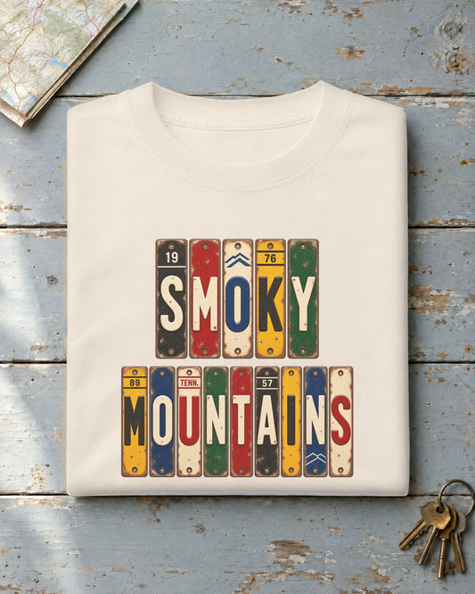 Smoky Mountains, Tennessee vintage license plate t-shirt in Ivory