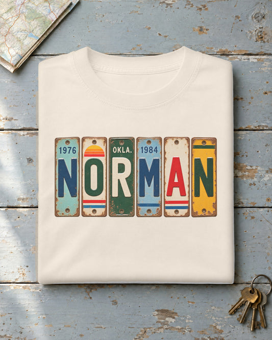 Norman, Oklahoma vintage license plate t-shirt in Ivory